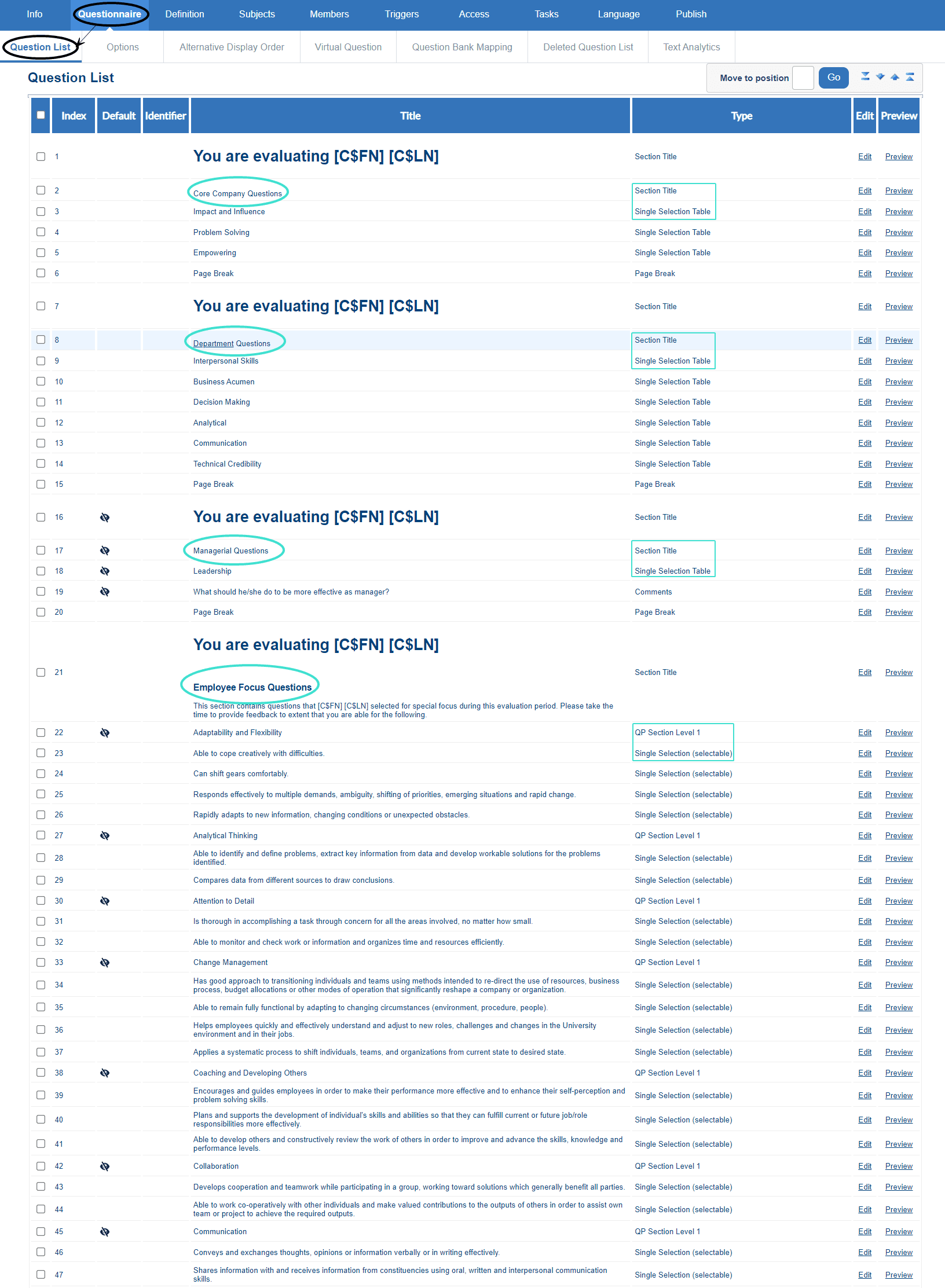 Example of setting up a 360 on demand questionnaire