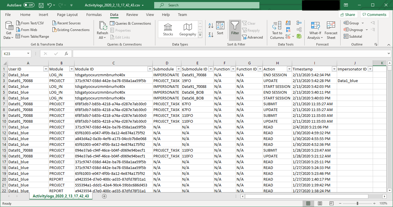 Activity logs CSV export