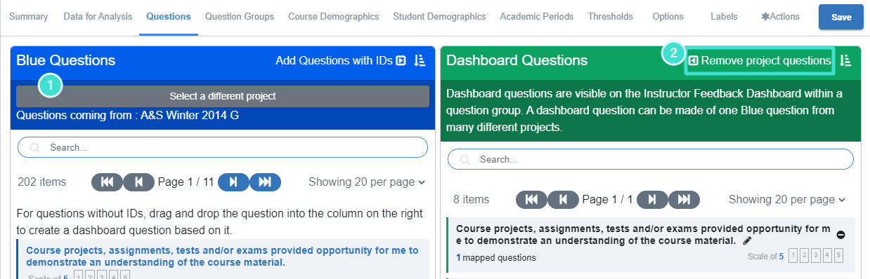 Remove all blue questions for the project