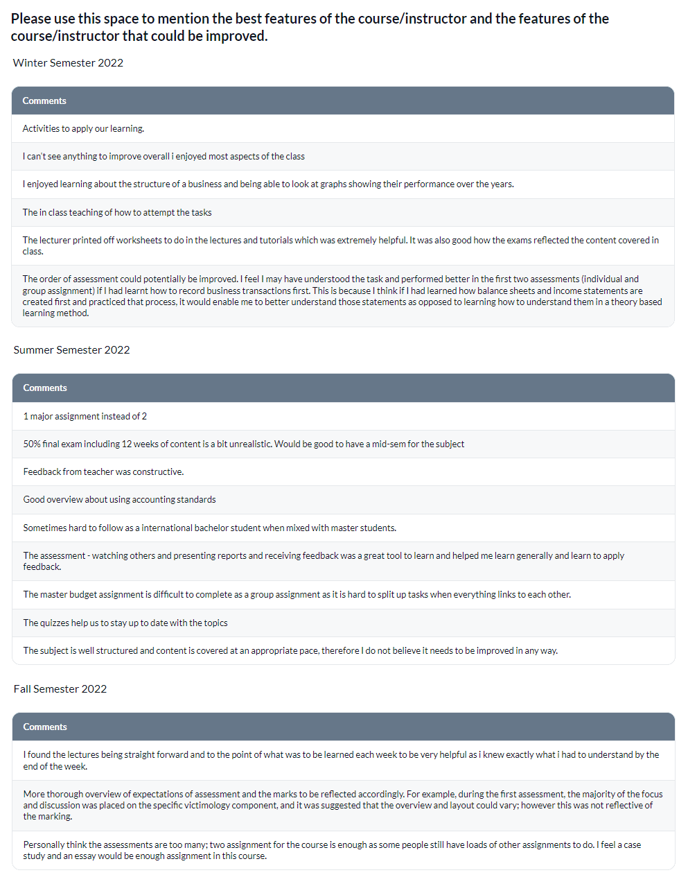 Comment response table per academic period