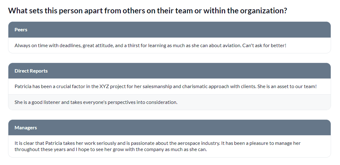 Comment response table per rater group