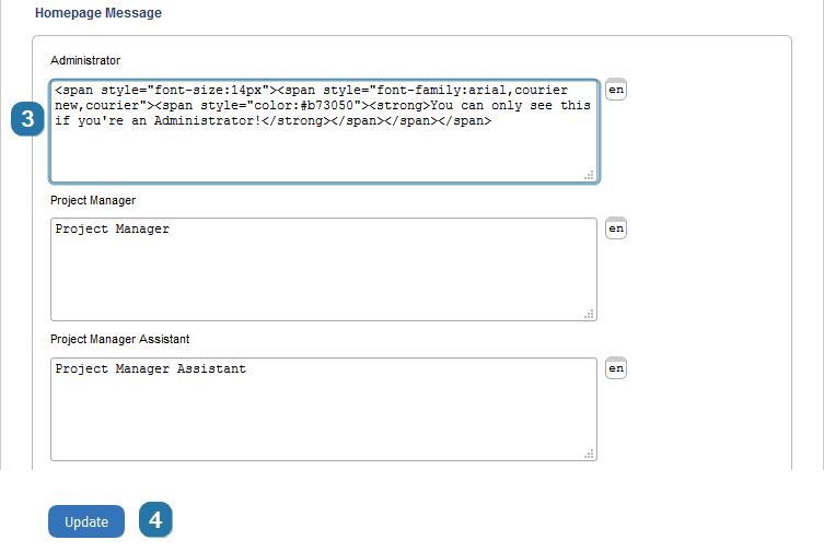 Create a custom message for homepage