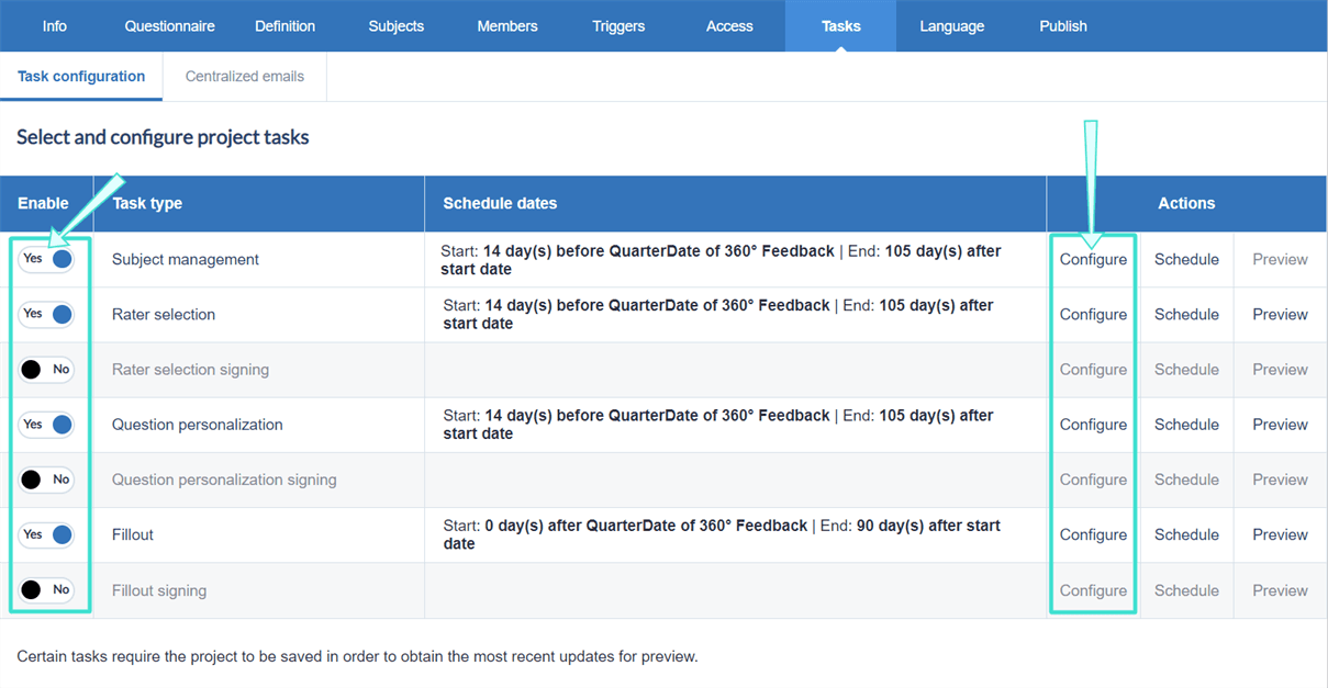 Select and configure project tasks