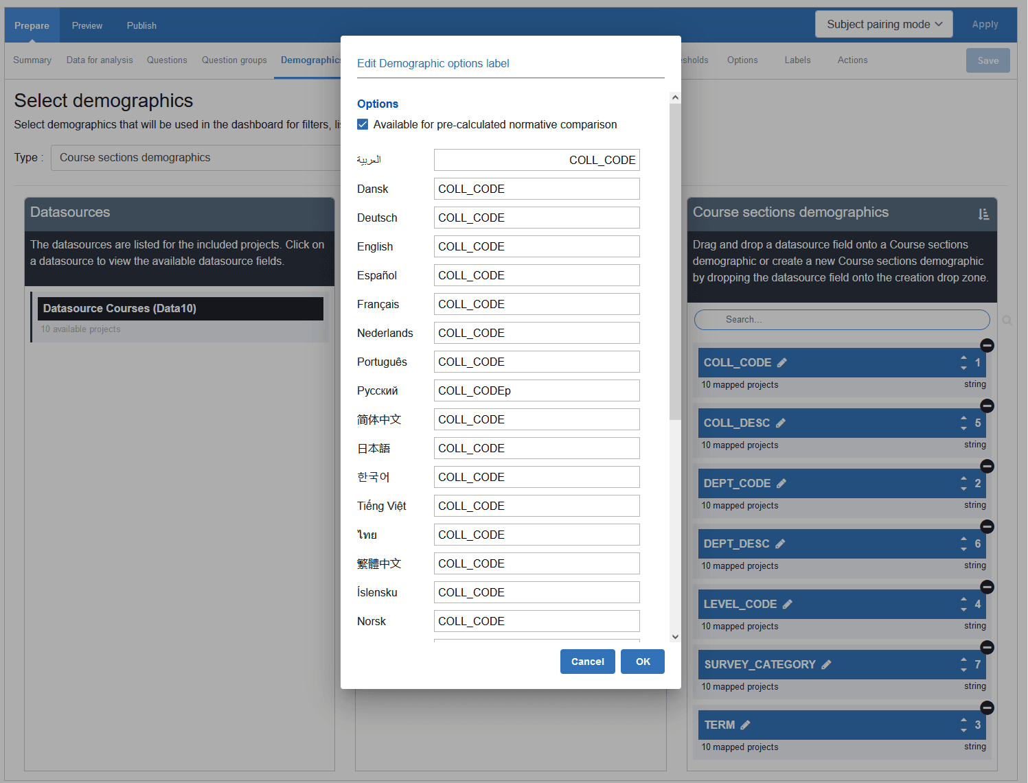 Dashboard edit demographic options