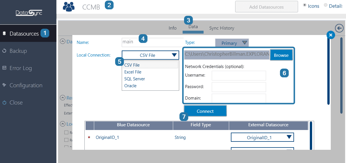 Data sync tool datasource connections