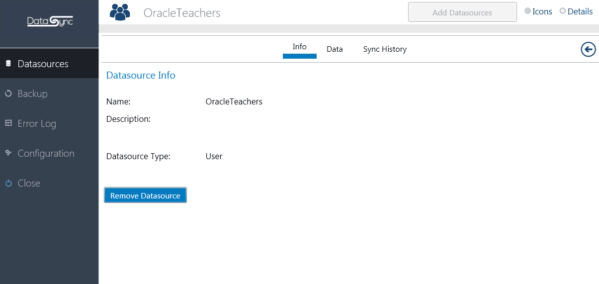Data sync tool datasource info
