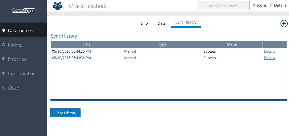 Data sync tool sync history