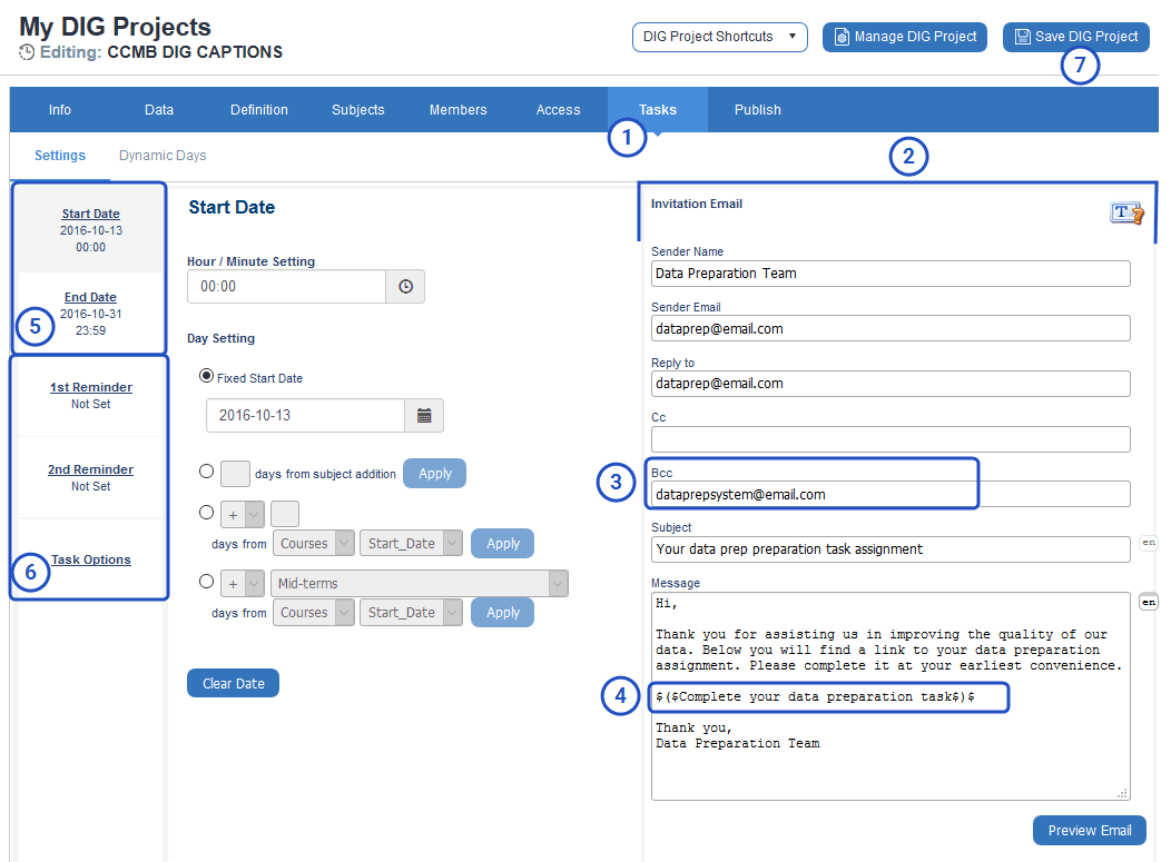 DIG Task email invitation settings
