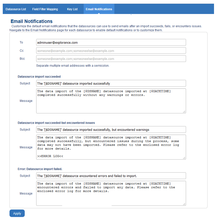 Datasource notification emails