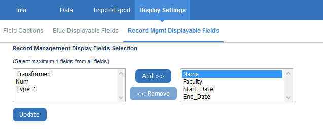 Record management displayable fields