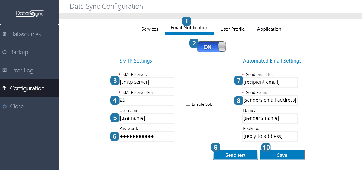 Data sync tool configure email notifications