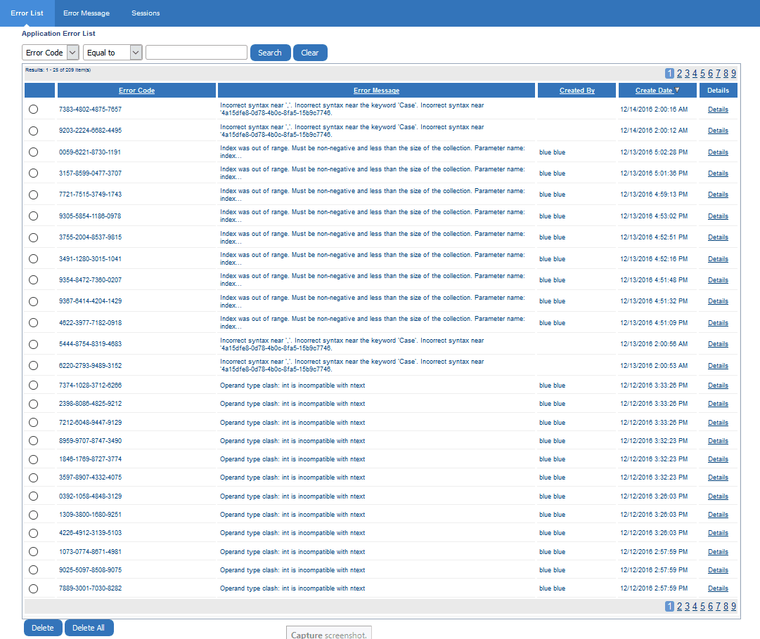 Blue error list