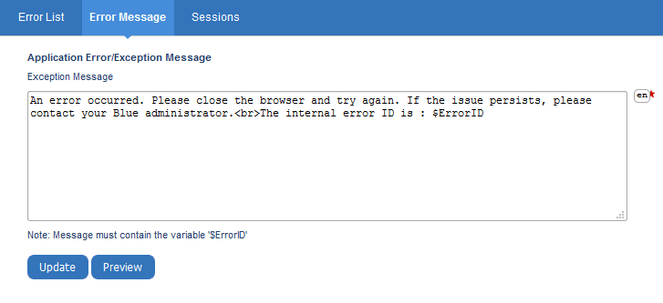 Error message displayed in Blue