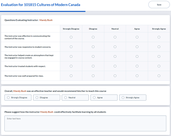 Screenshot of a questionnaire evaluating a pre-selected instructor