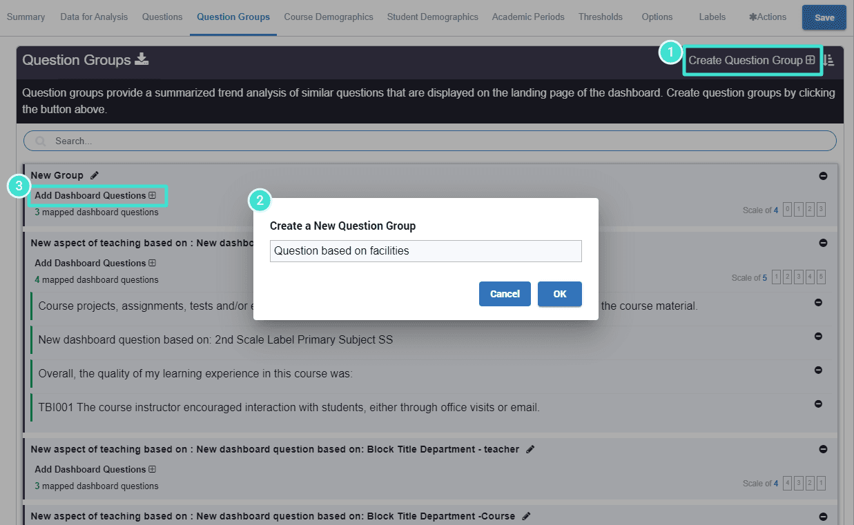 Create dashboard question groups