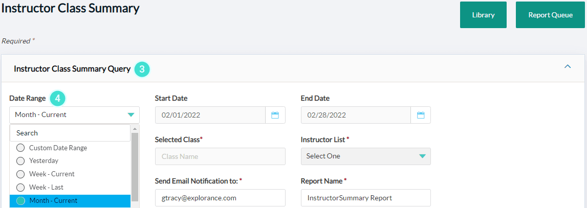 Select date range for Instructor Class Summary Report