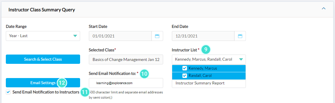Select instructors, enter report recipients' email addresses or select send email to instructors