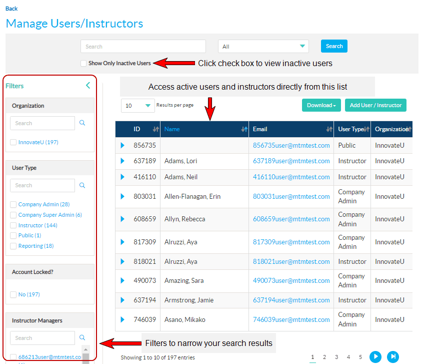 Manage users / instructors page
