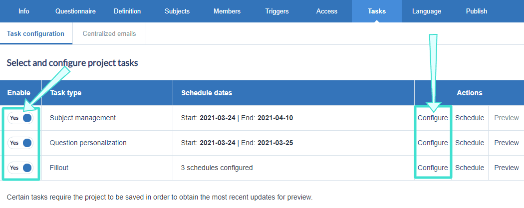 Select and configure project tasks