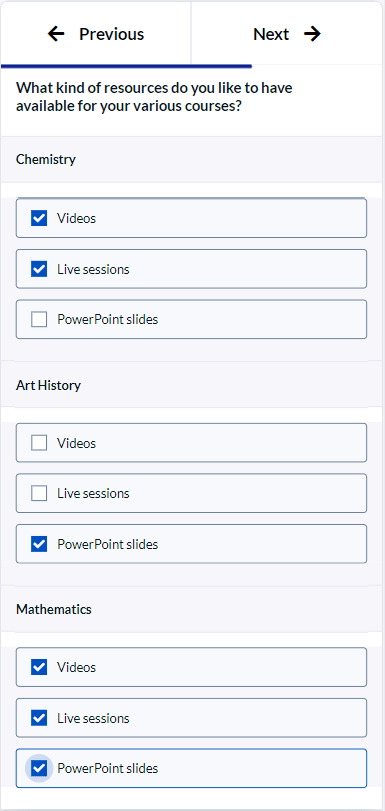 Multiple selection table question mobile view