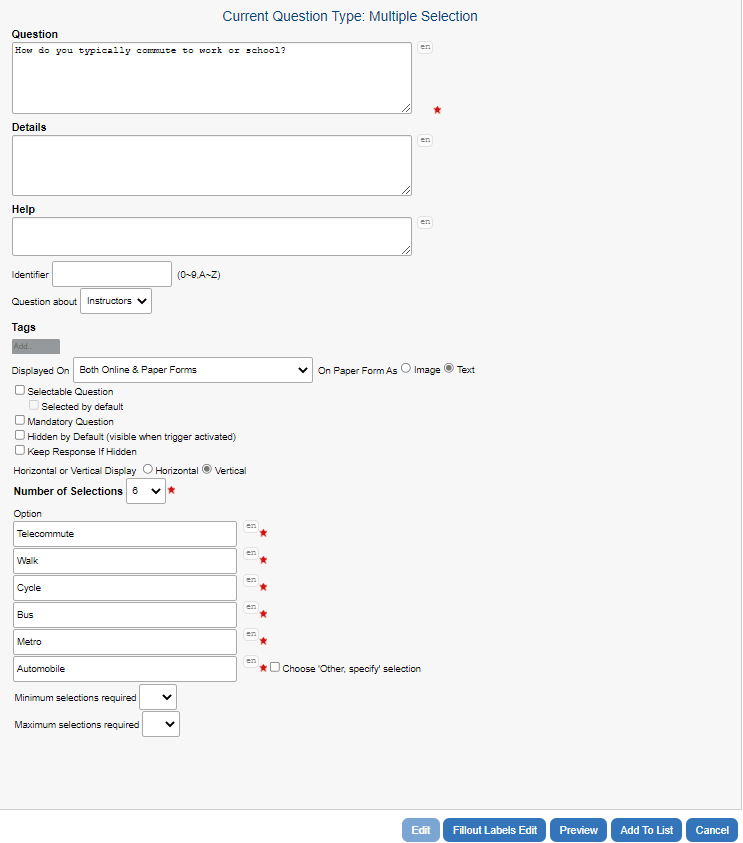 multiple selection question configuration