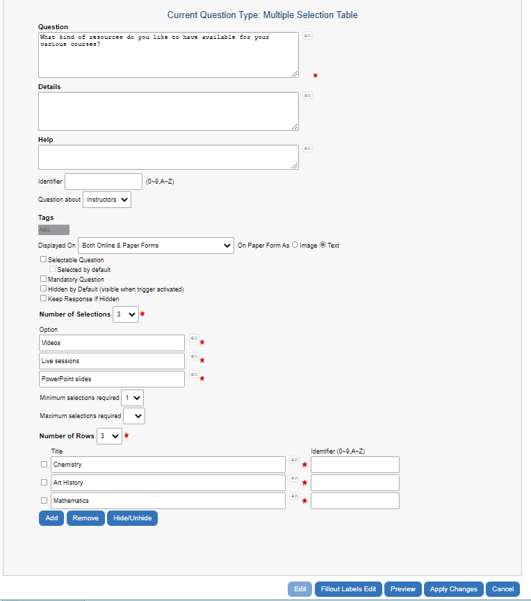 Multiple selection table question configuration