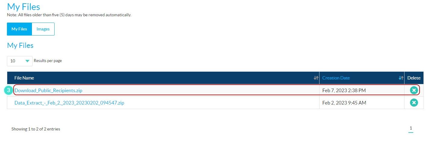 Go to My Files to access the Download Public Recipients zip file
