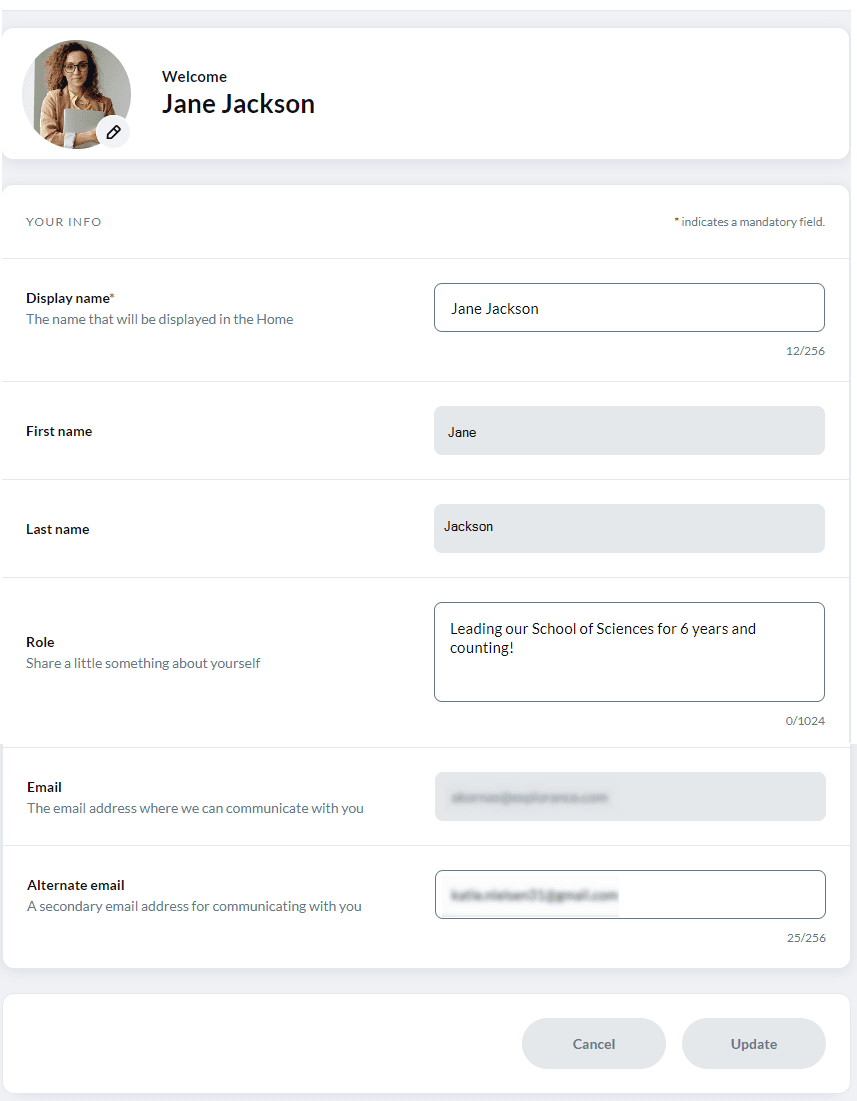 Profile settings desktop view