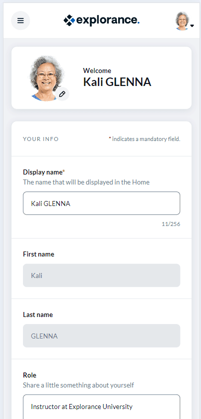 Profile settings mobile view