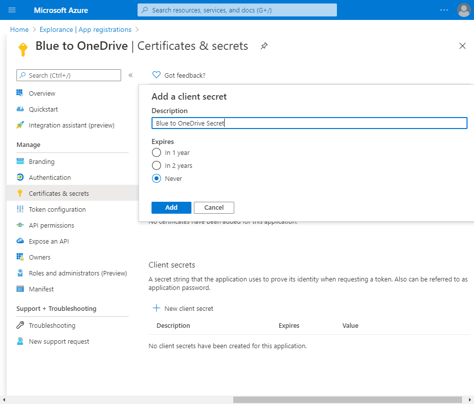 OneDrive certificates and secrets