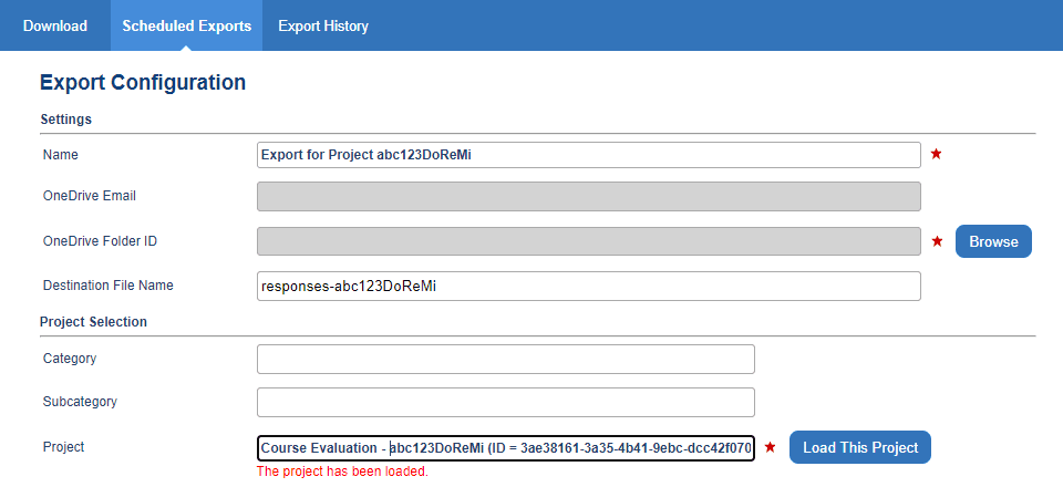 OneDrive export configuration