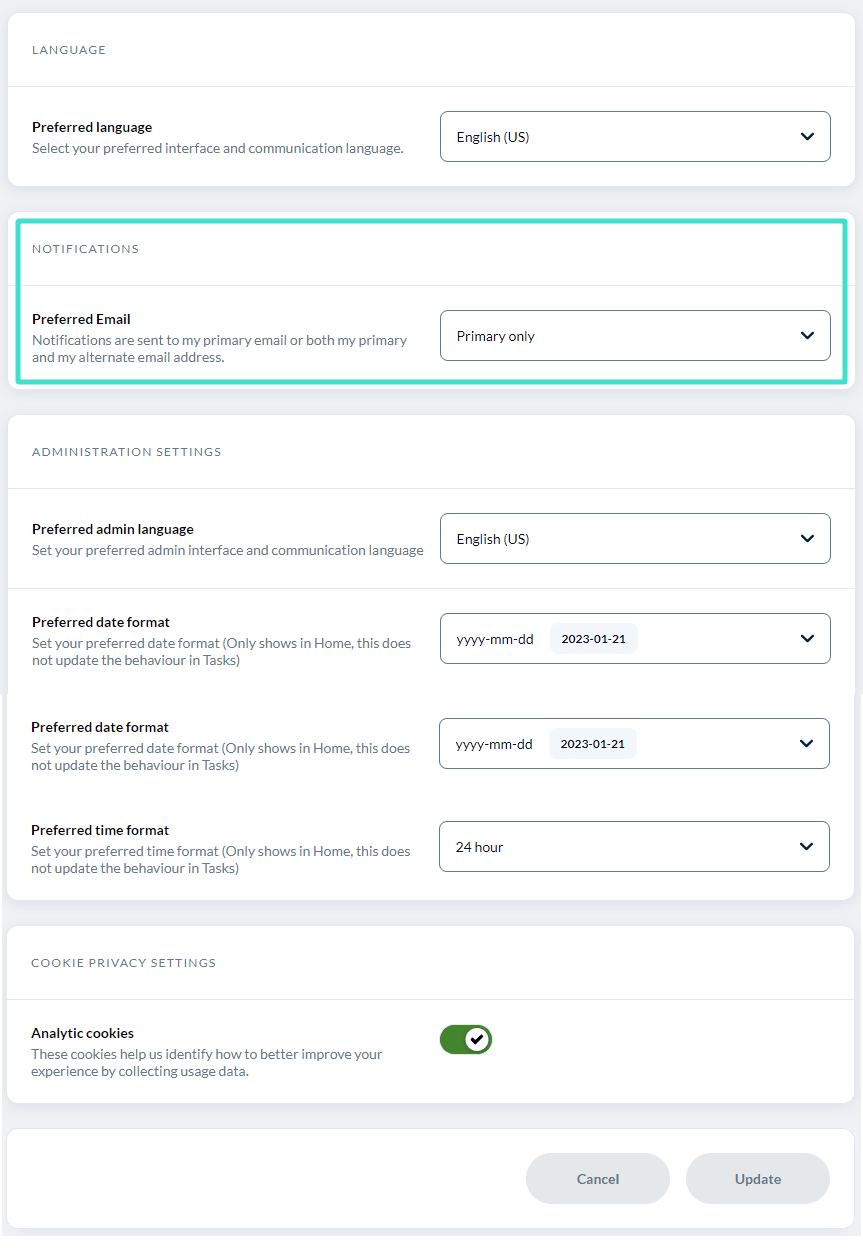 Profile preferences page