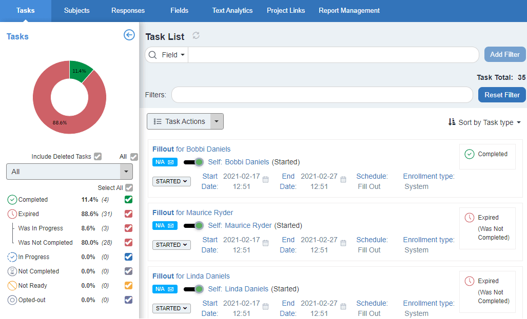 Project management screen - tasks image