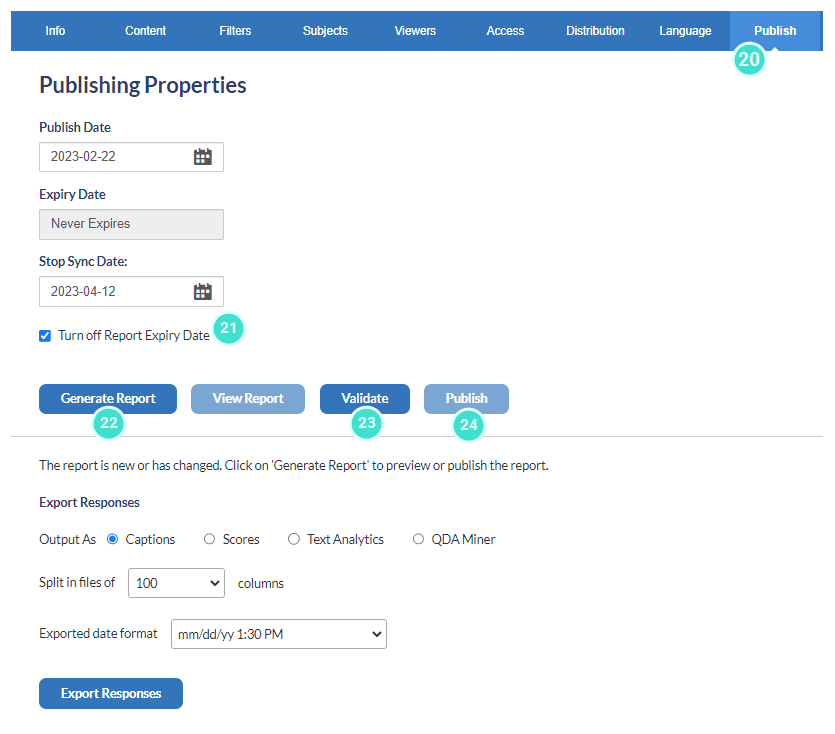 Set publishing properties for report