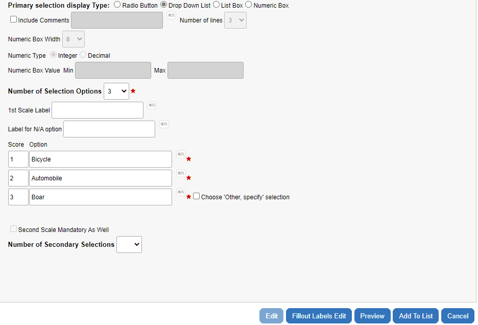 question bank singles selection options