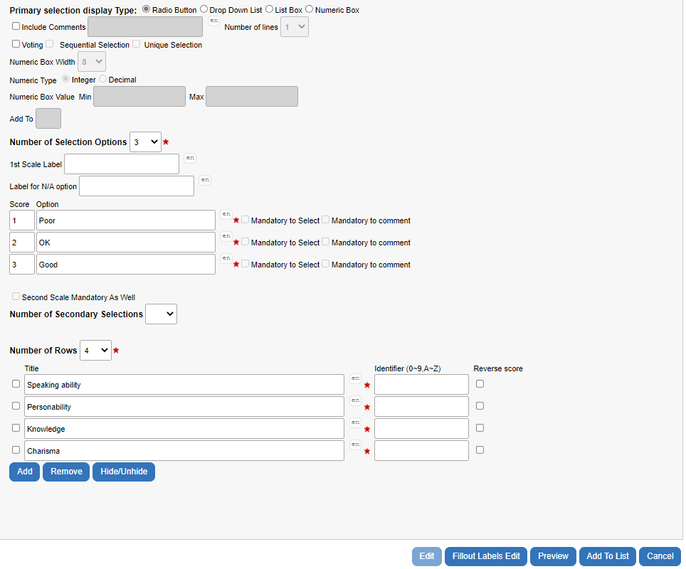 question bank single selection table options