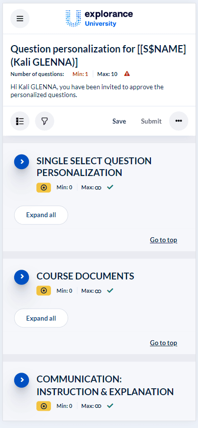 Question personalization task in mobile view