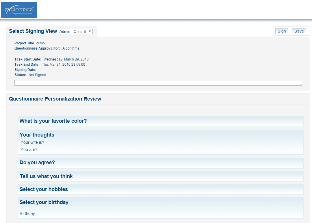 Question personalization signing task