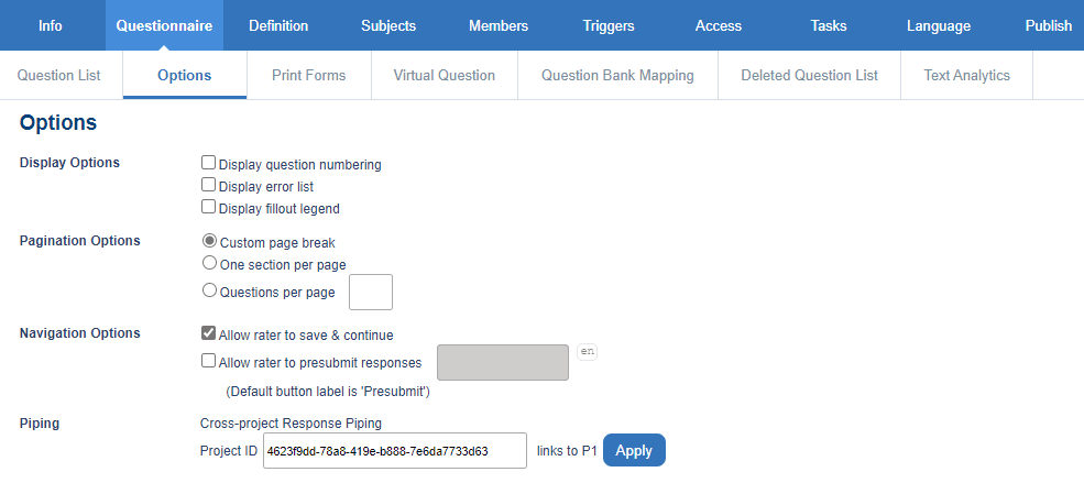 questionnaire options