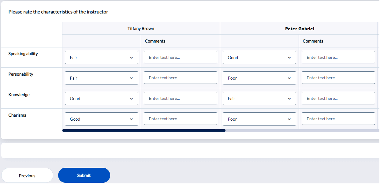 questionnaire single selection table