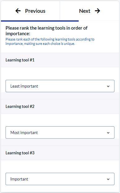 Ranking single selection table question mobile view