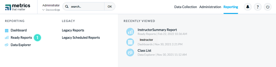 Navigation to access Ready Reports