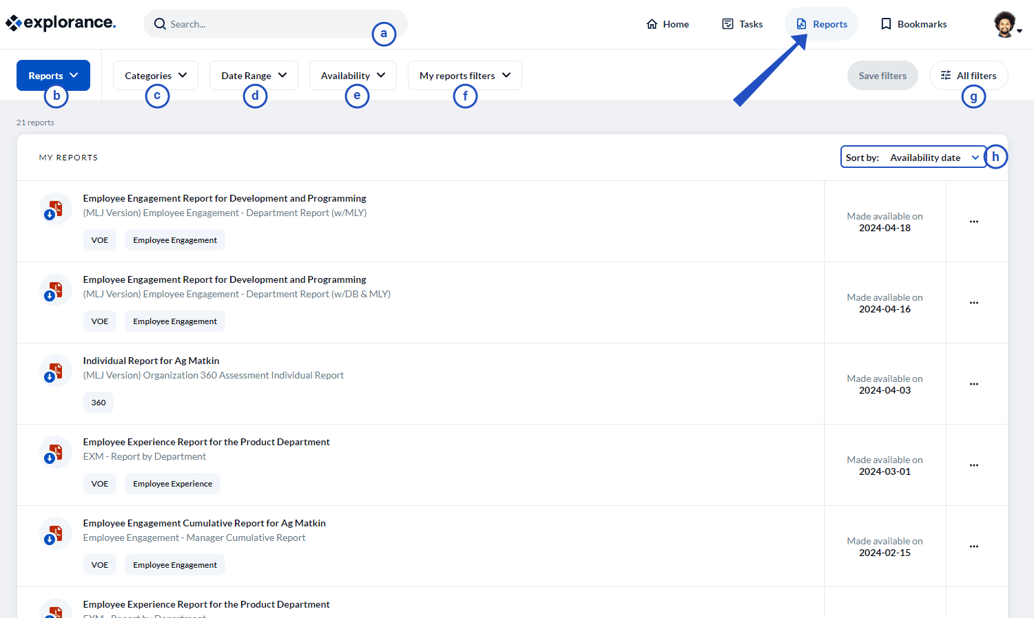 Example reports page desktop view