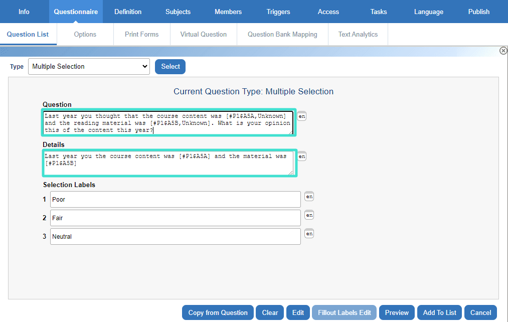 response pip fill out labels