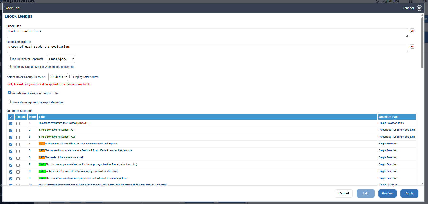 Response sheet report block