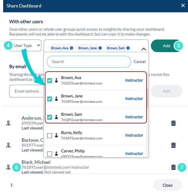 Share dashboard with user type - instructors