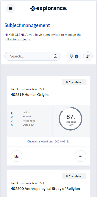 Subject management page in mobile view