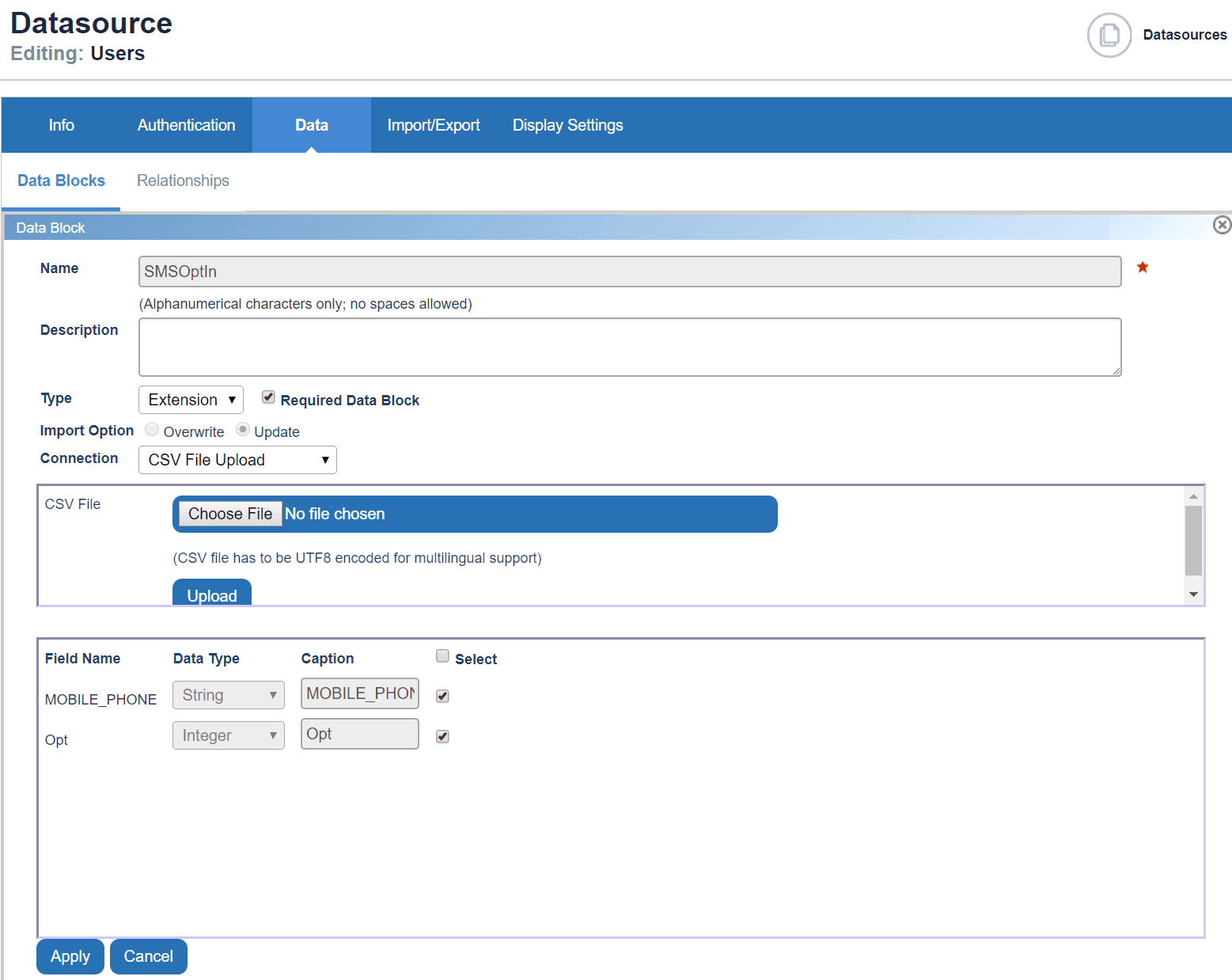 sms extension data source