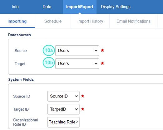 Import/Export screen displaying the tab Importing with Users saved in Source and Target fields, and System Fields from the 3-LR data file