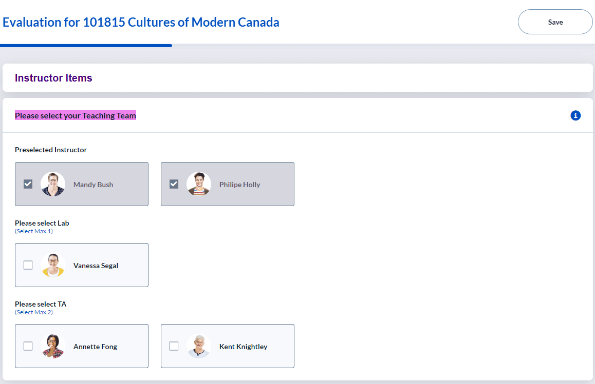 Teaching team with pre-selected instructor and others to select
